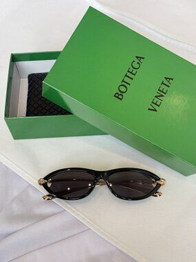 Bottega Veneta BV1390S Black Oval Sunglasses Gold Arms Made in Japan